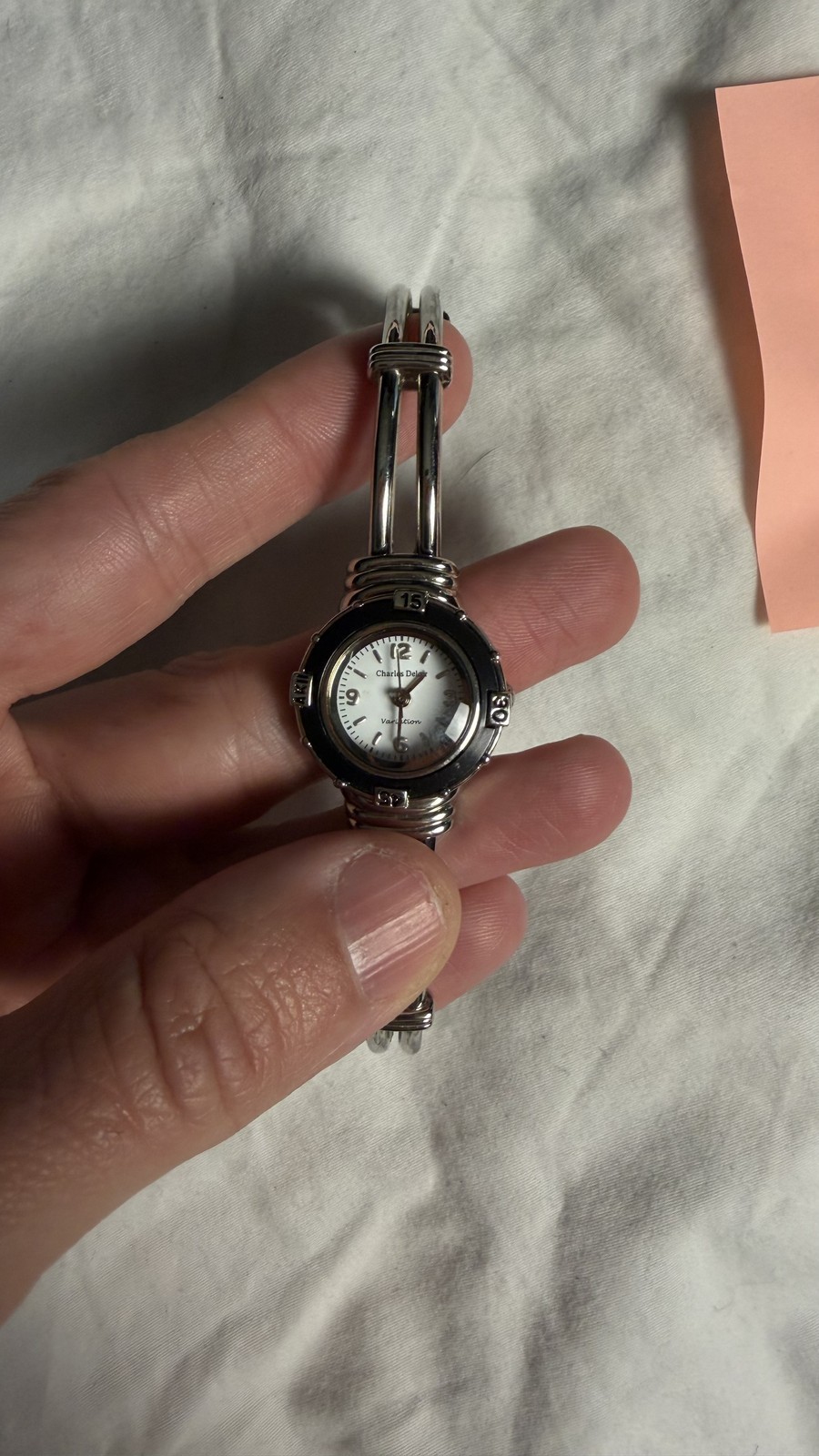 Charles Delon Variation Ladies Bangle Watch Silver Tone White Dial Date Quartz