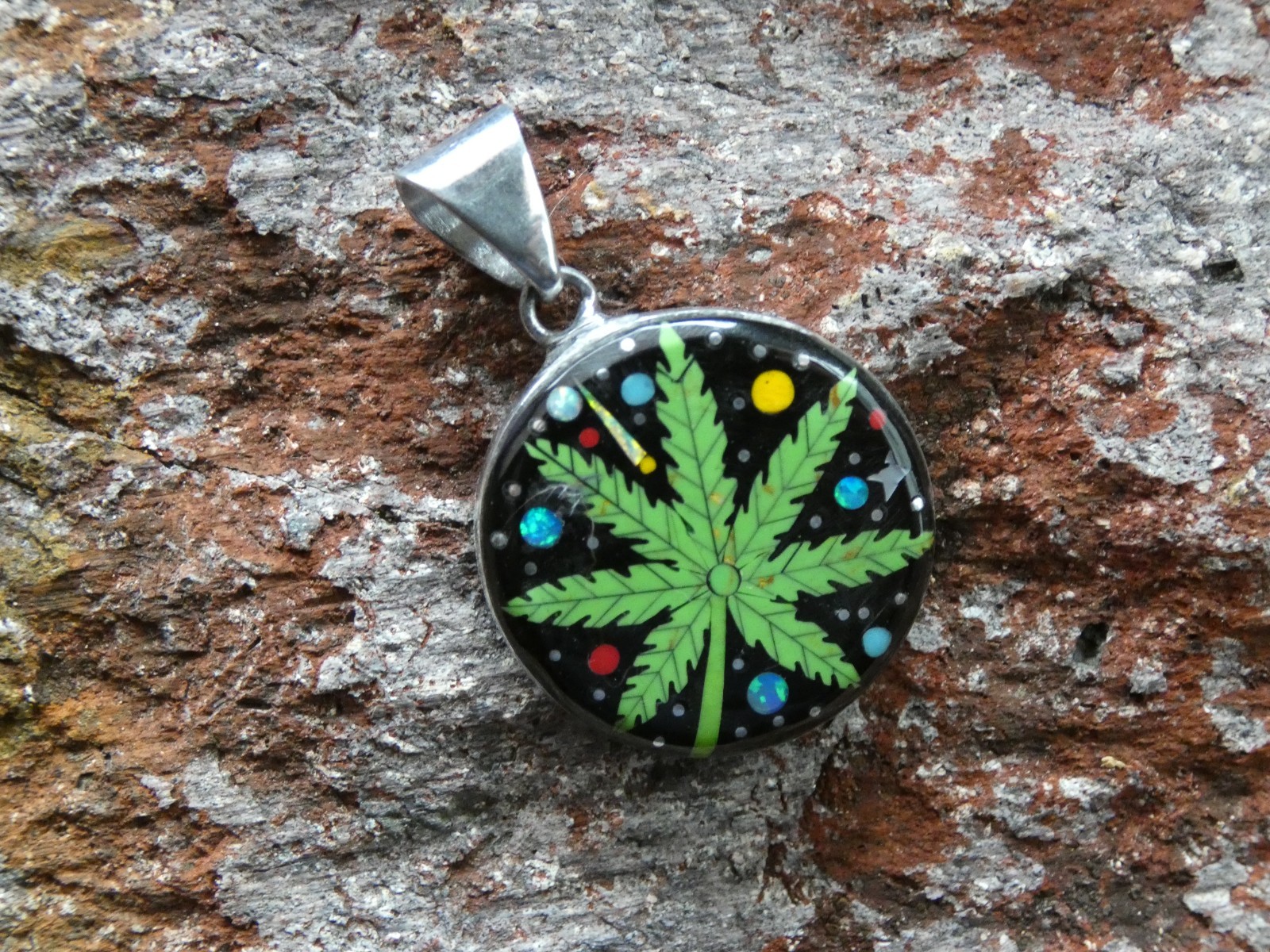 Marijuana Leaf 420 Gemstone Opal Aluminum Sterling Silver Alloy Pendant AS95