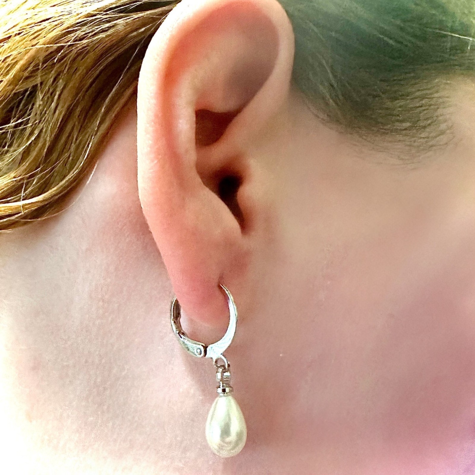 Pearl Drop Earrings 8mm Simulated Pearl Silver Plated Huggie Dangle