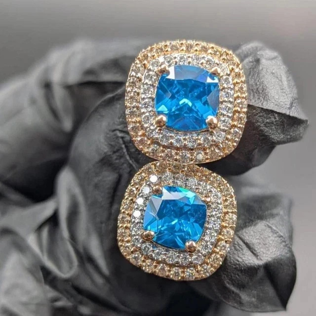 Blue Topaz 2Ct Cushion Cut Lab-Created Women Stud Earring 14K Yellow Gold Plated