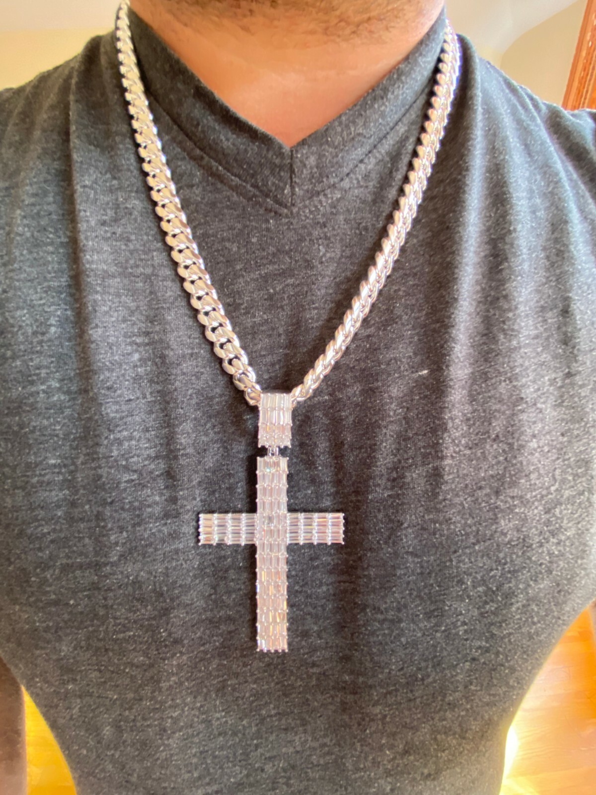 Solid 925 Sterling Silver Cross Pendant Baguette Iced CZ Necklace Hip-Hop
