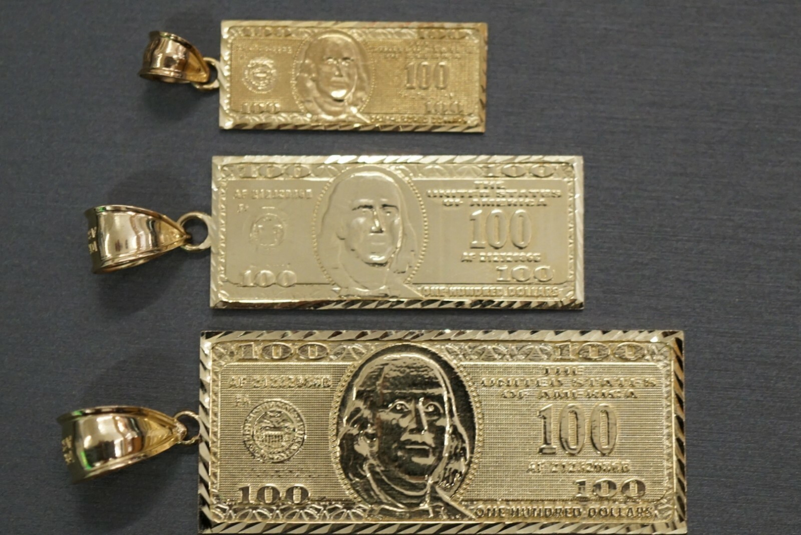 10K Solid Yellow Gold Hundred Dollar Bill Diamond Cut Charm Pendant. 3 Sizes