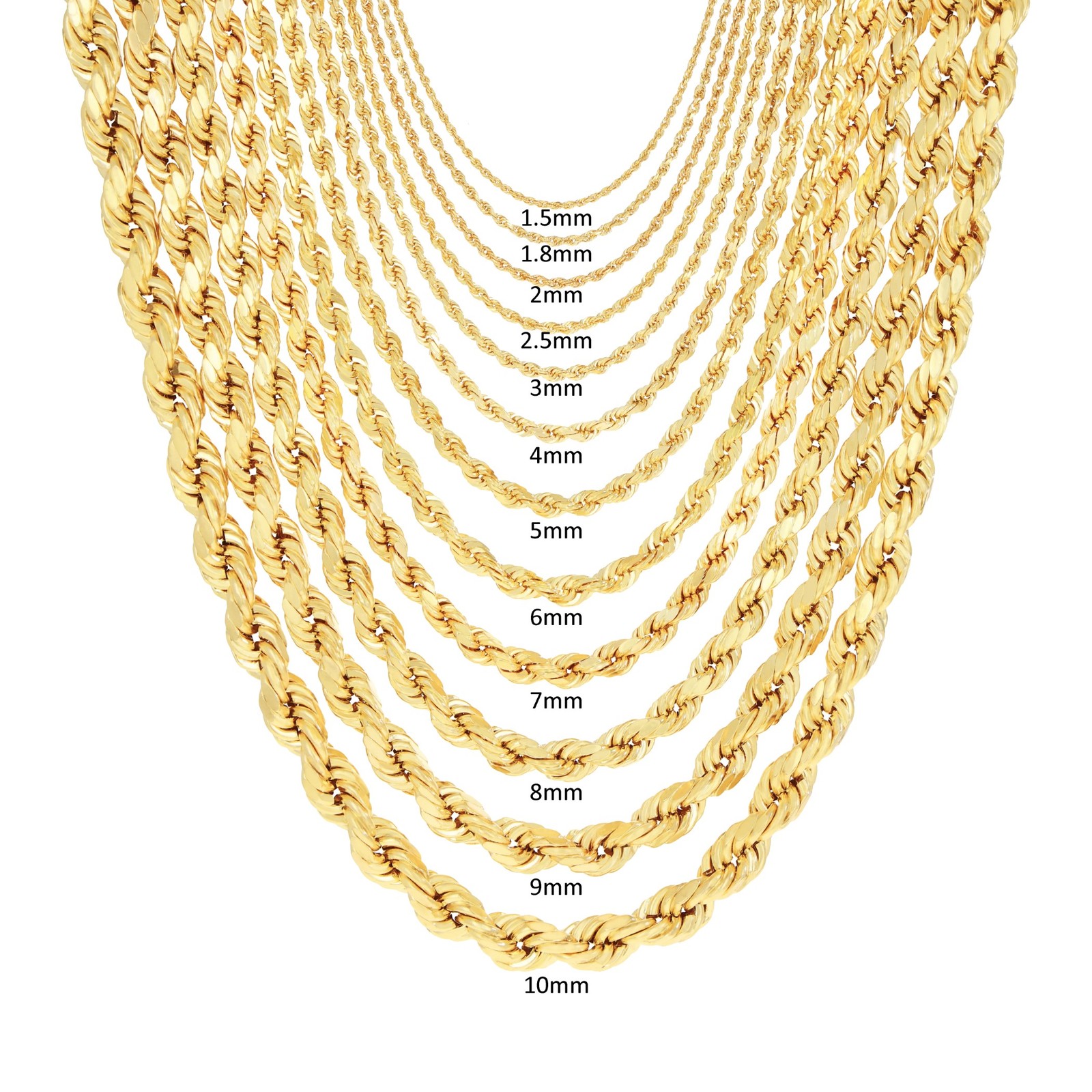 14K Yellow Gold Solid 1mm-10mm Rope Chain Diamond Cut Pendant Necklace 16″- 30″