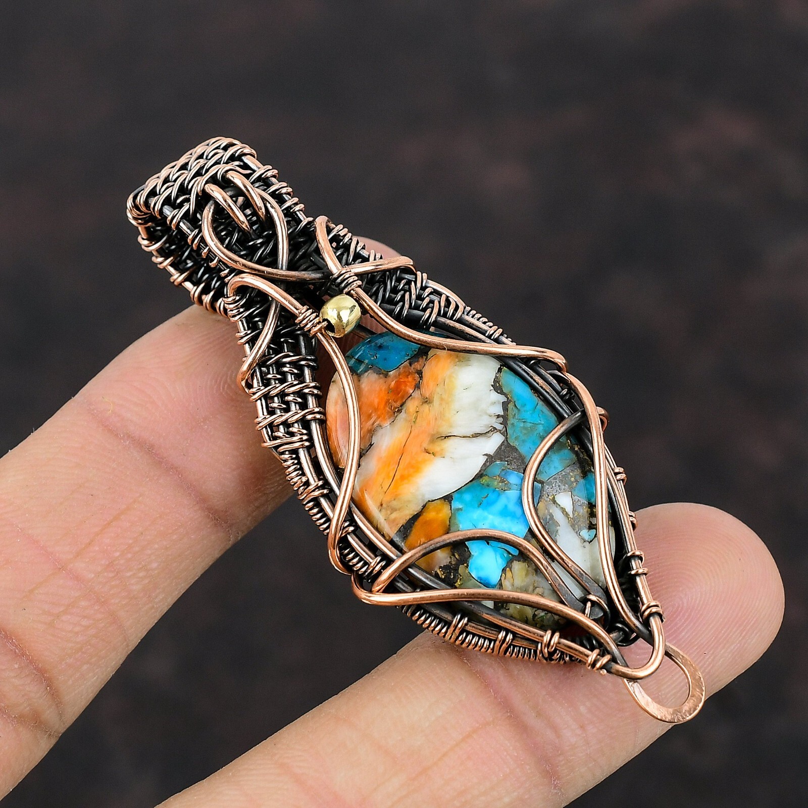 Gift For Her Spiny Oyster Turquoise Wire Wrapped Pendant Copper Jewelry 2.64″