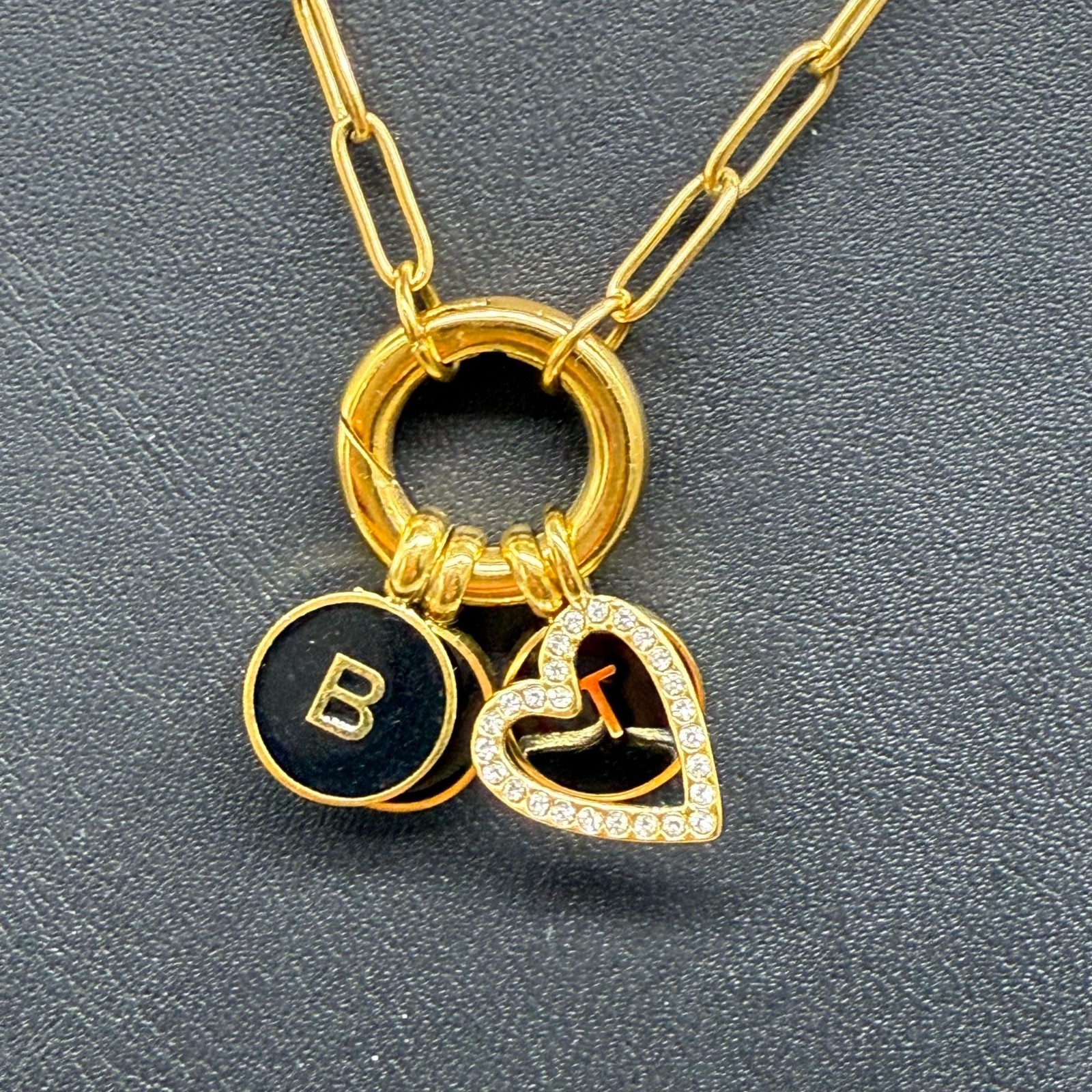 Plunder Black Enamel Rhinestone Bct Heart Pendant Chain Necklace Gold Tone