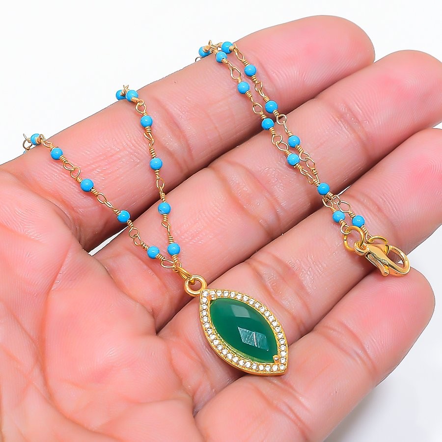 Green Jade, Chalcedony Gemstone 925 Sterling Silver Jewelry Necklace 20″ y973