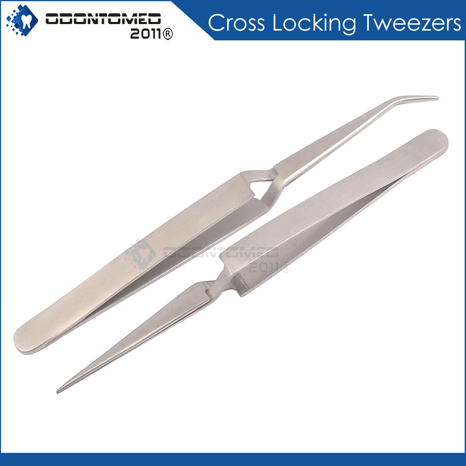 Cross Locking Tweezers Bent & Straight Reverse Action Stainless Steel 4-3/4″ 2pc