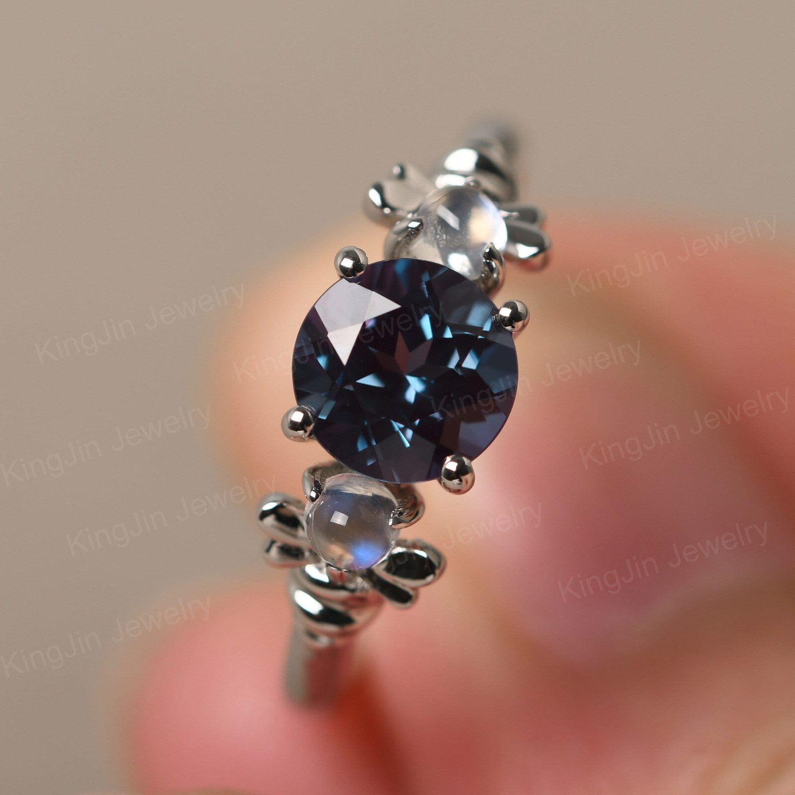 Custom 3 Stones Silver lab created Alexandrite color change and Moonstone Ring