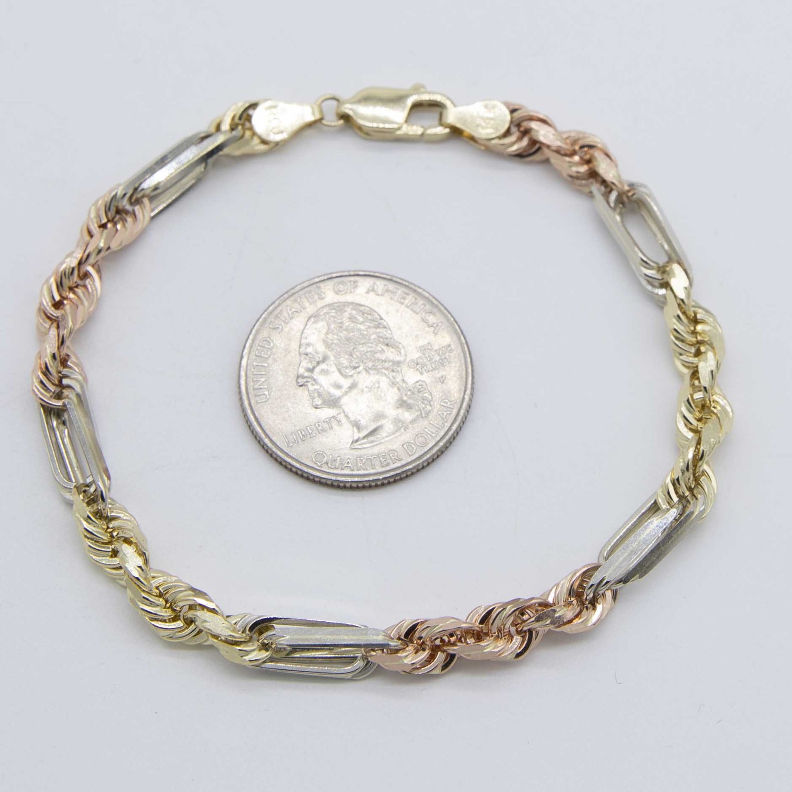 4.5mm Milano Figaro Rope Chain Bracelet Real 14K Tricolor Gold 8″