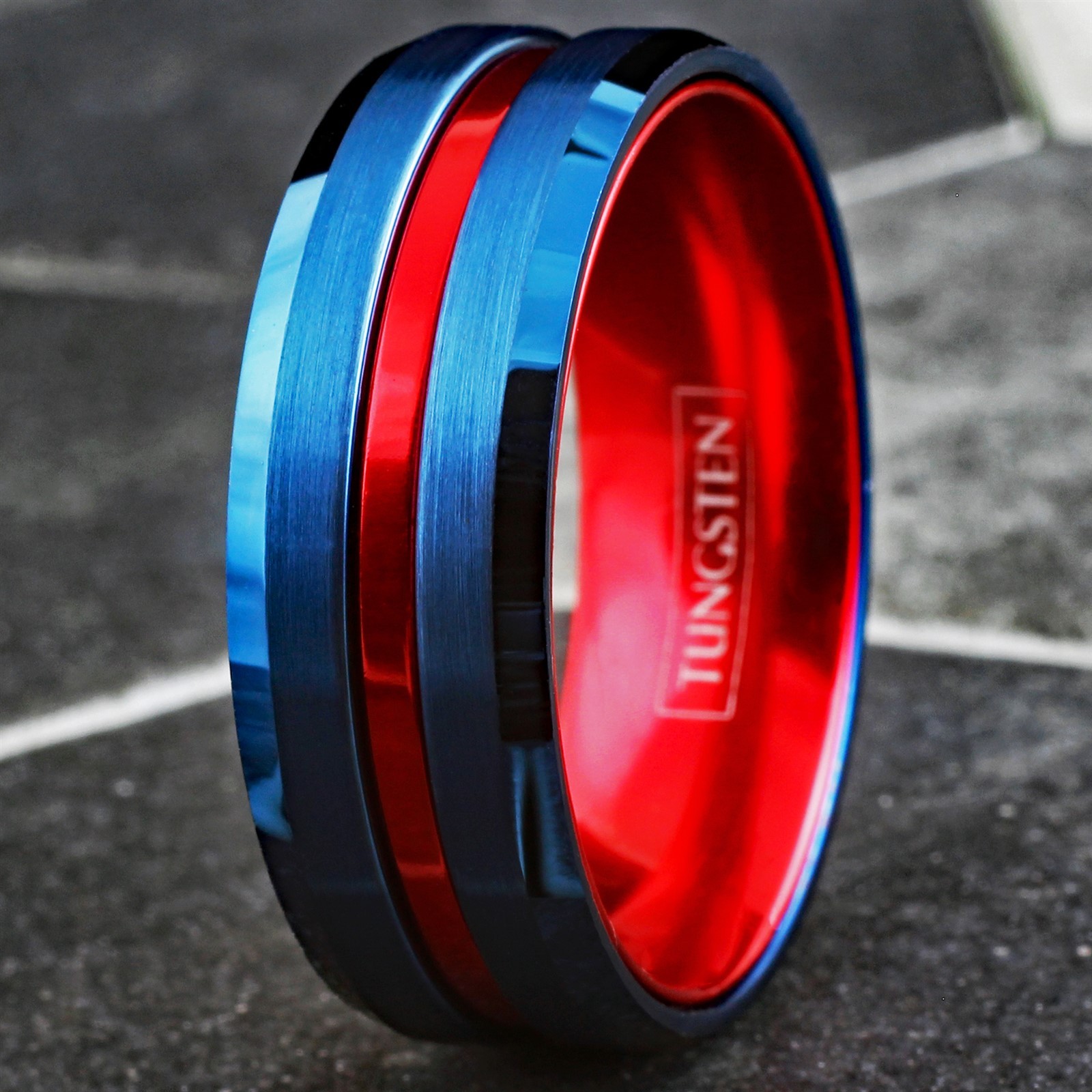 Blue Tungsten Carbide Men’s Thin Red Line Wedding Band Ring – Superhero Colors