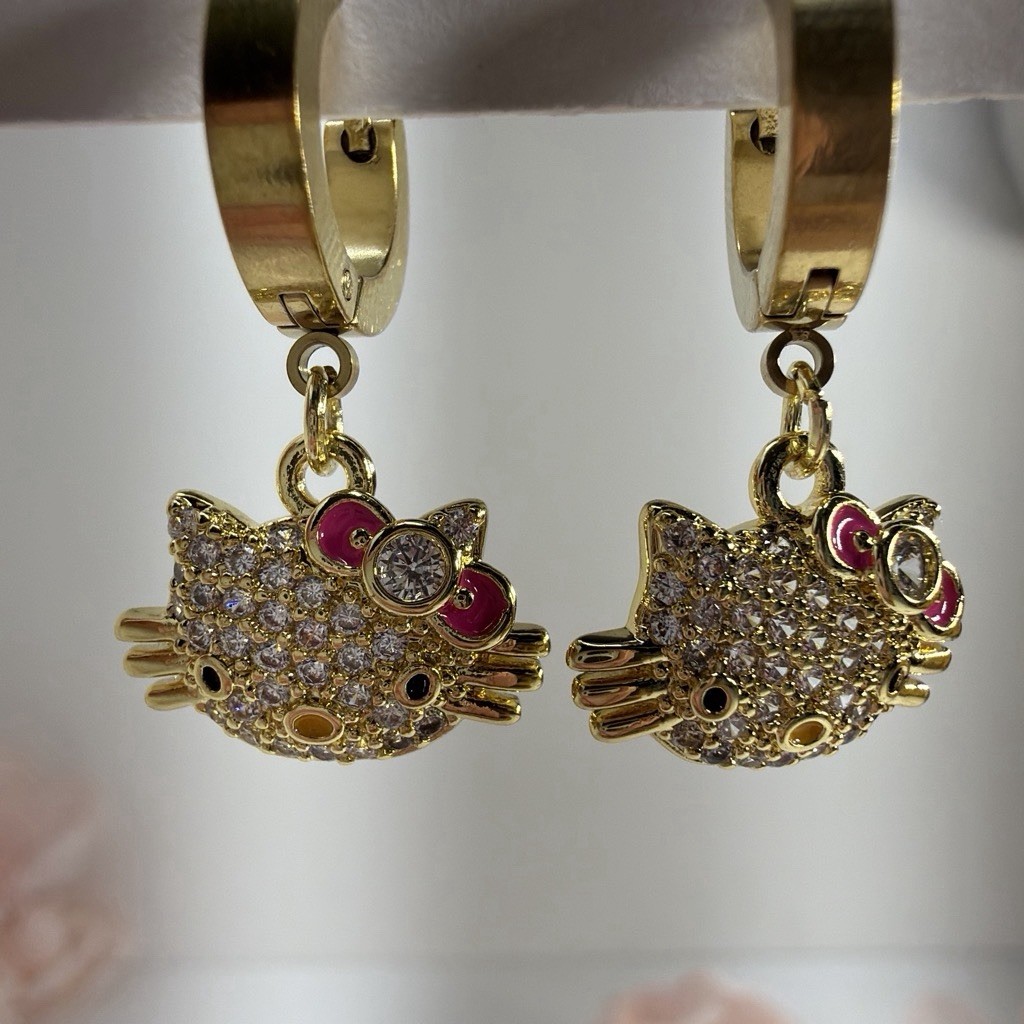 Gold Tone Hinged Hoop Dangle Cat Face Pink Bow Clear Crystal Earrings