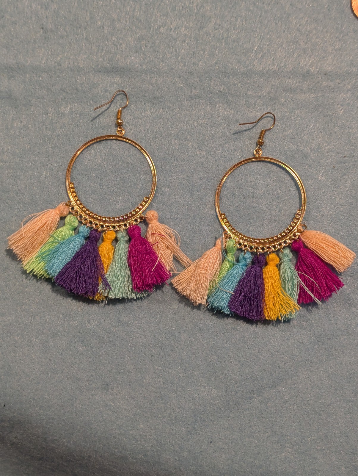 Honbay Bohemian Gold Tone Hoop Earrings Multi Color Fringe