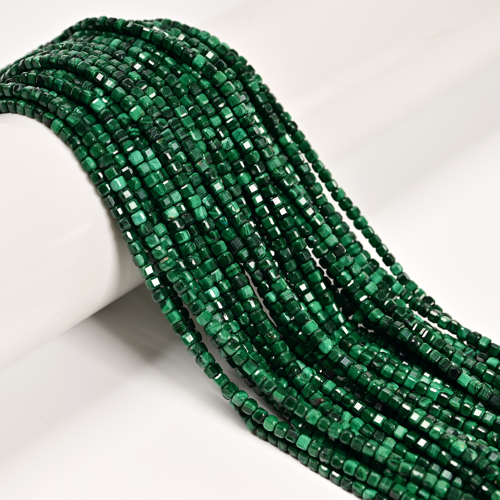 Natural Malachite Faceted Cube Beads Size 2-2.5mm 15.5” Strand