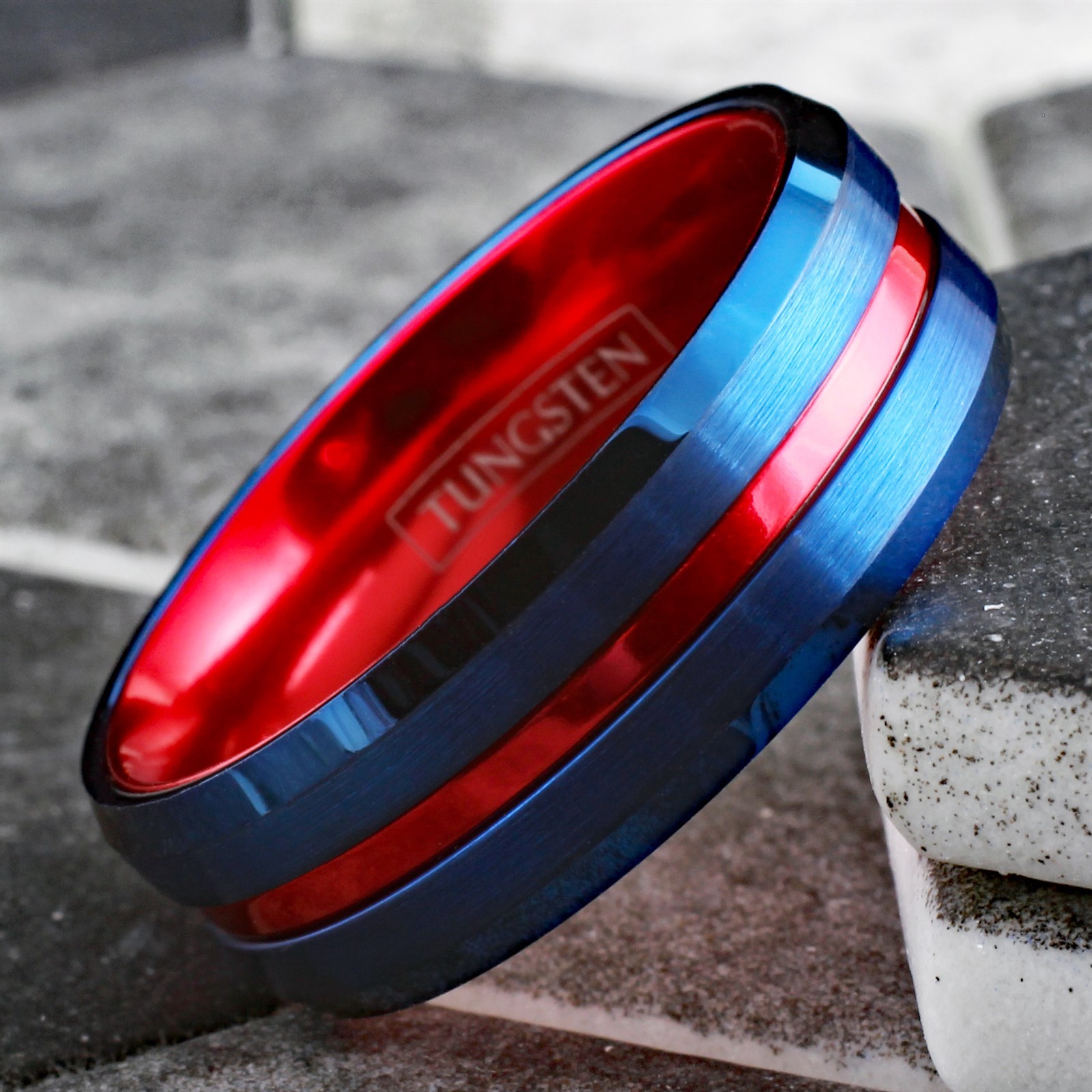 Blue Tungsten Carbide Men’s Thin Red Line Wedding Band Ring – Superhero Colors