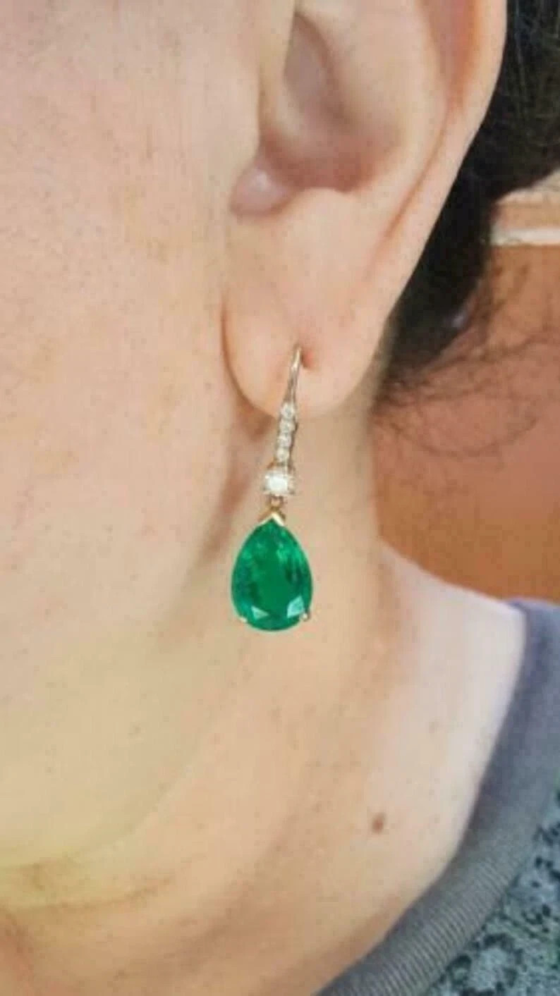 2CT Pear Cut Simulated Green Emerald Drop Dangle Earrings 14K Yellow Gold Plated