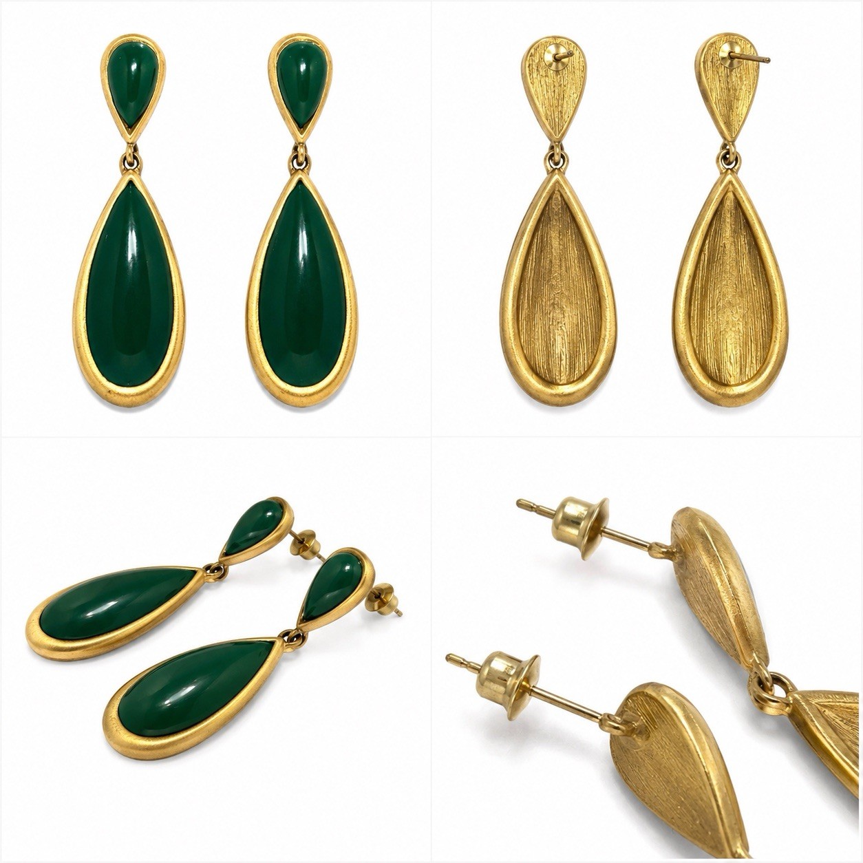 Green Teardrop Dangle Earrings Gold Tone Pierced Vintage Style