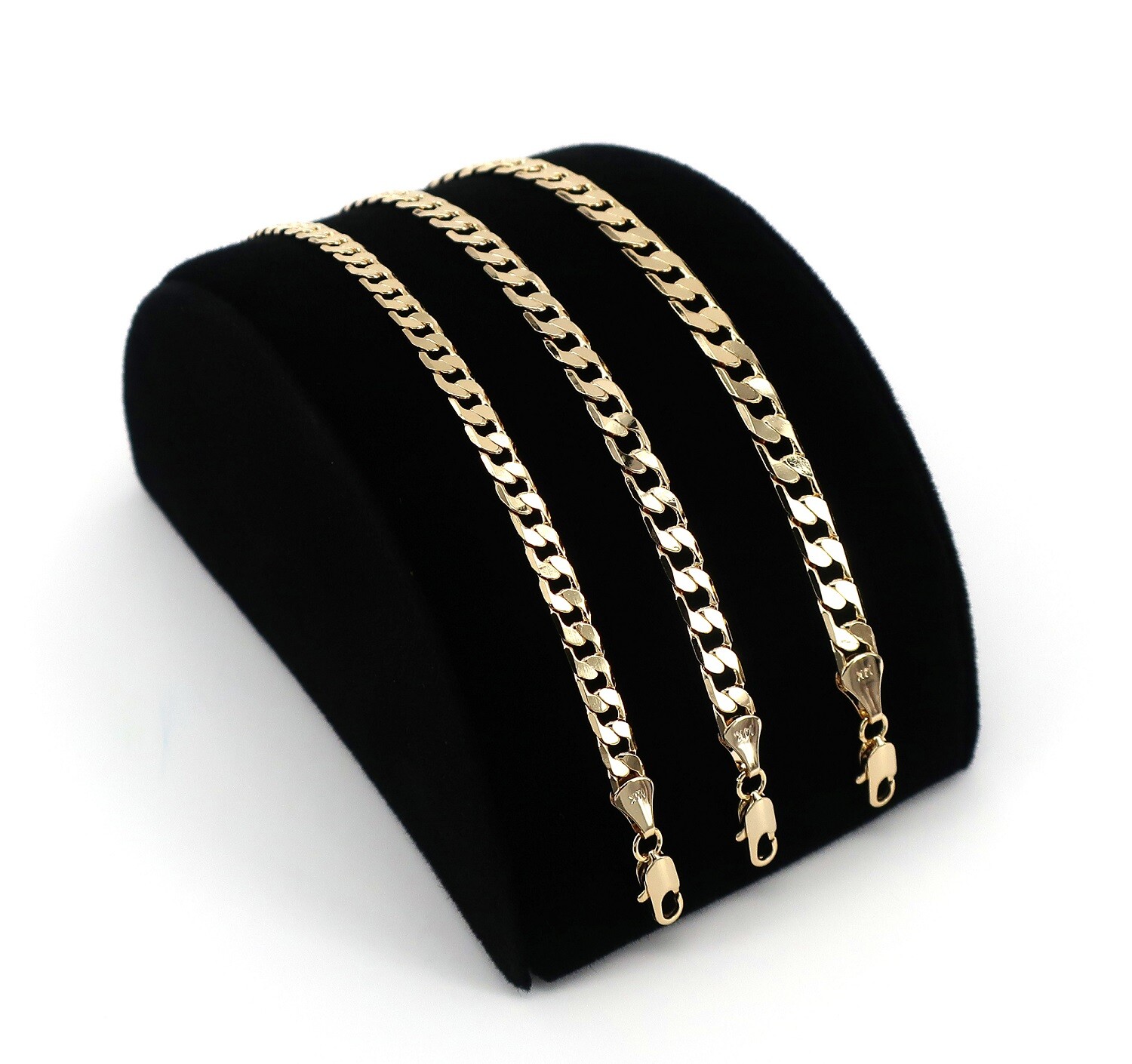 Yellow Flat Cuban link Chain Necklace Bracelet 3.5mm to 6mm 14K Gold Plated