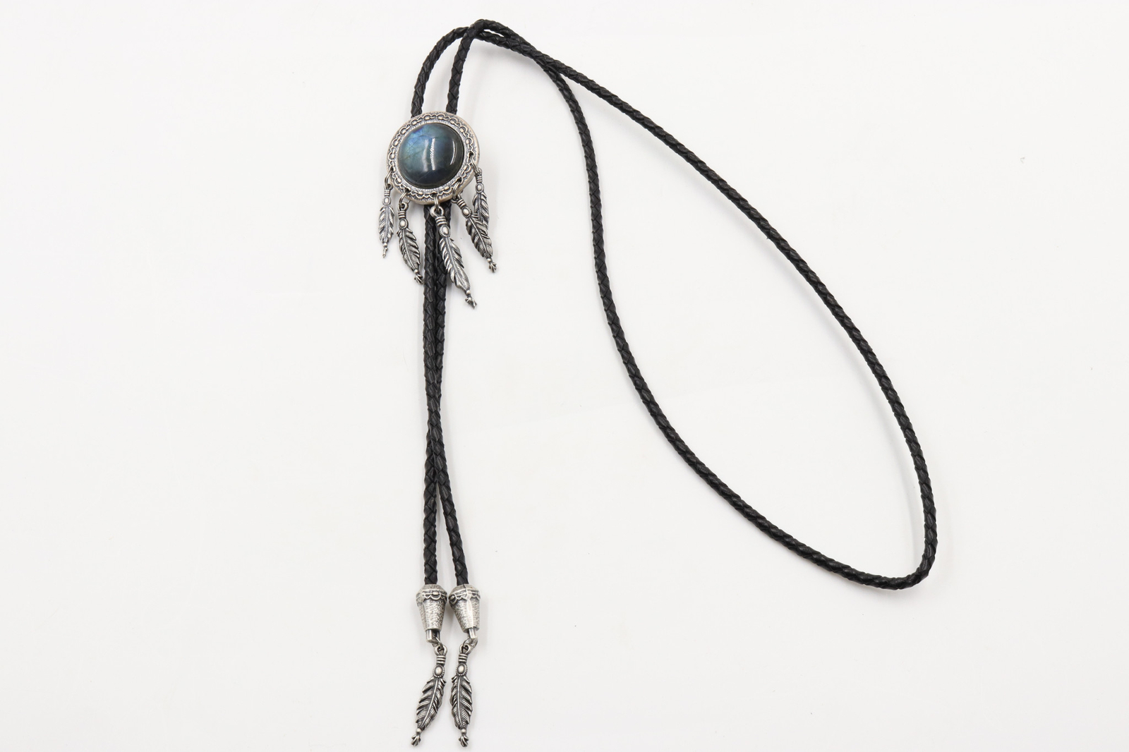 Nature Labradorite Stone w/ Feathers Silver Plated Western Leather Bolo Neck Tie