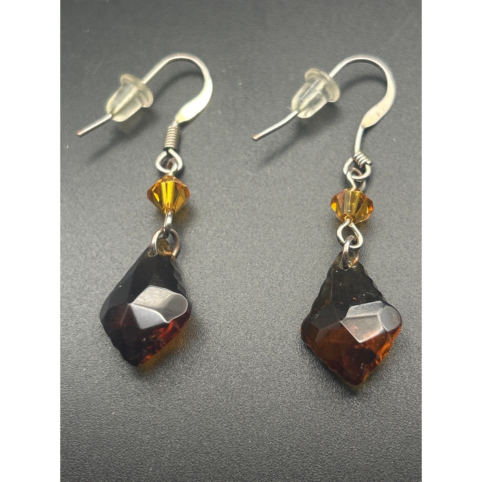 Vintage Amber Faceted Dangle Earrings | Orange Bead Diamond Drop