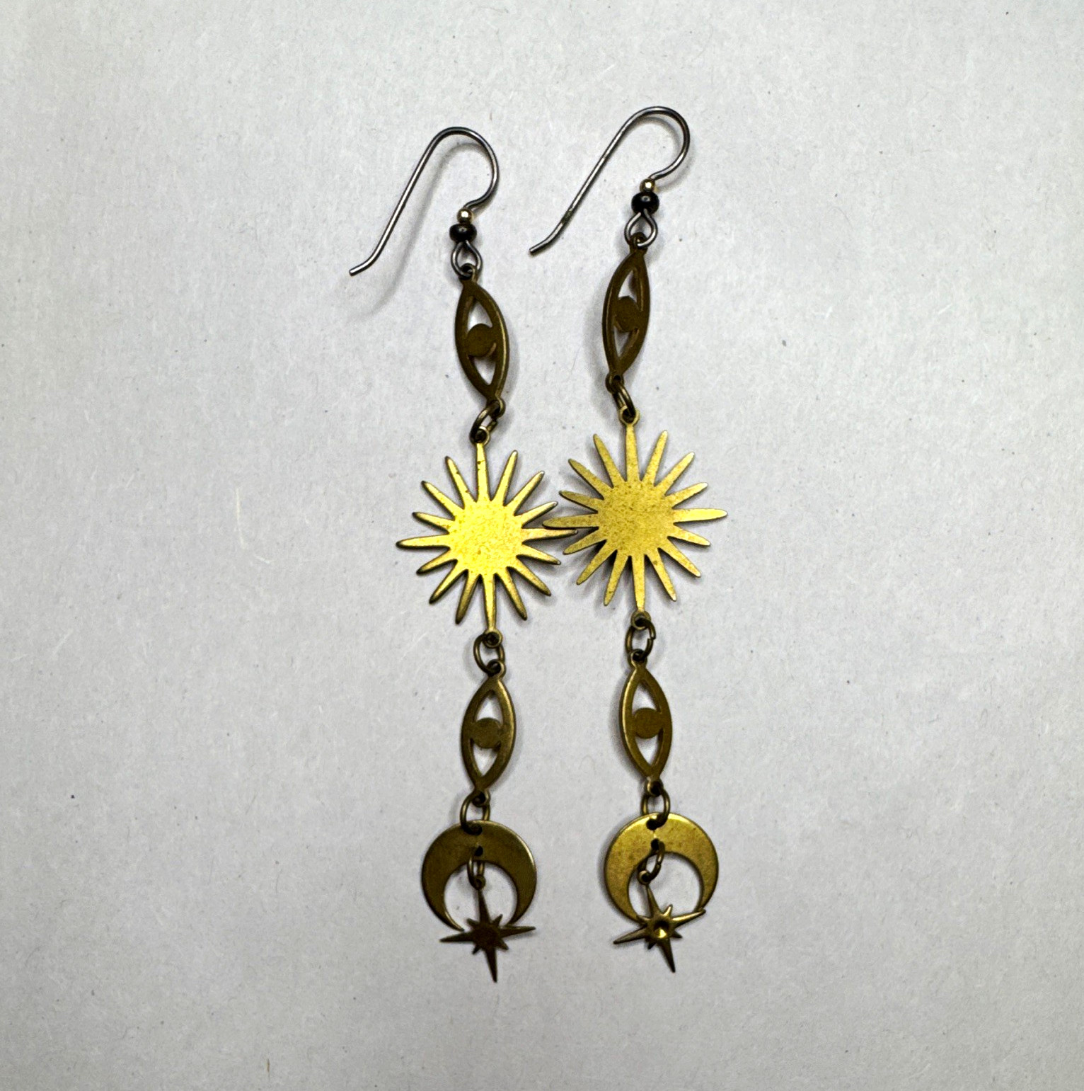 Gold Tone Celestial Sun Moon Star Dangle Drop Hook Earrings No Stone Metal