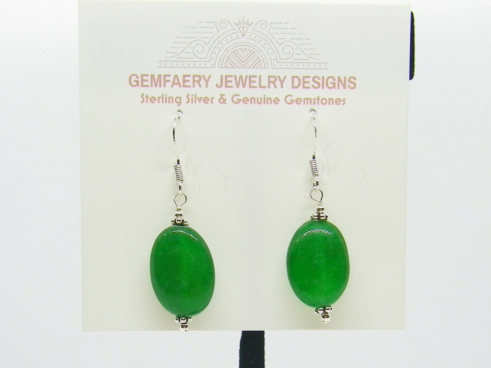 Sterling Silver Natural GREEN JADE Gemstone Dangle Earrings #2342…Handmade USA