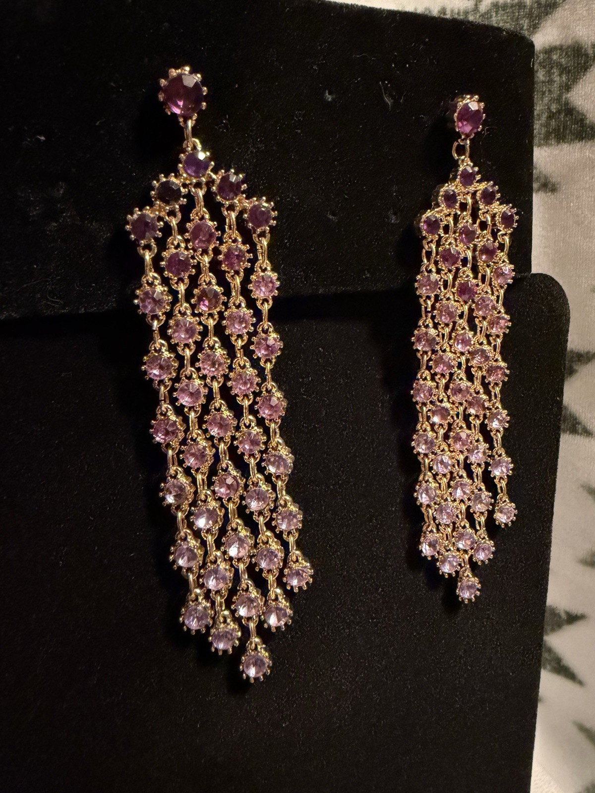 Gold Tone Purple & Clear Round Simulated Rhinestone Cluster Chandelier Earrings