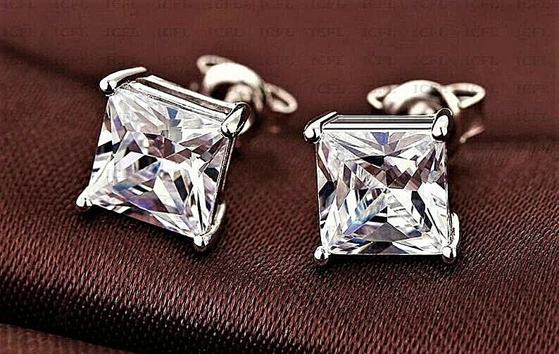 2 Ct Princess Cut VVS1/D Lab Created Stud Earrings 14k White Gold 6mm Push Back