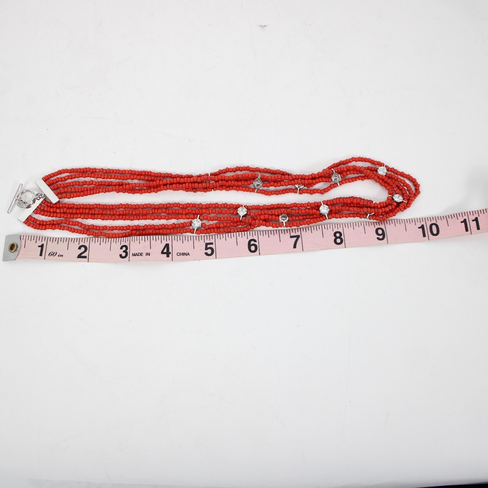 Sterling Silver Red Beaded CZ Multi Layer Hook And Eye Closure 17″ Necklace