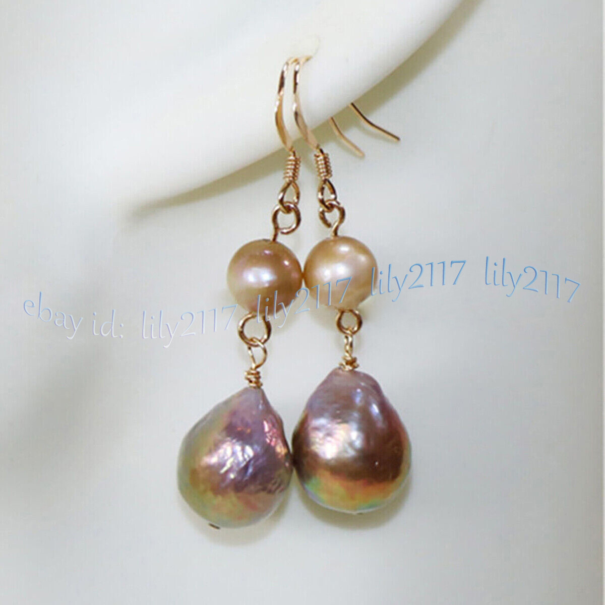 Huge Natural South Sea Pink Purple Baroque Edison Pearl Dangle Earrings 14-16mm