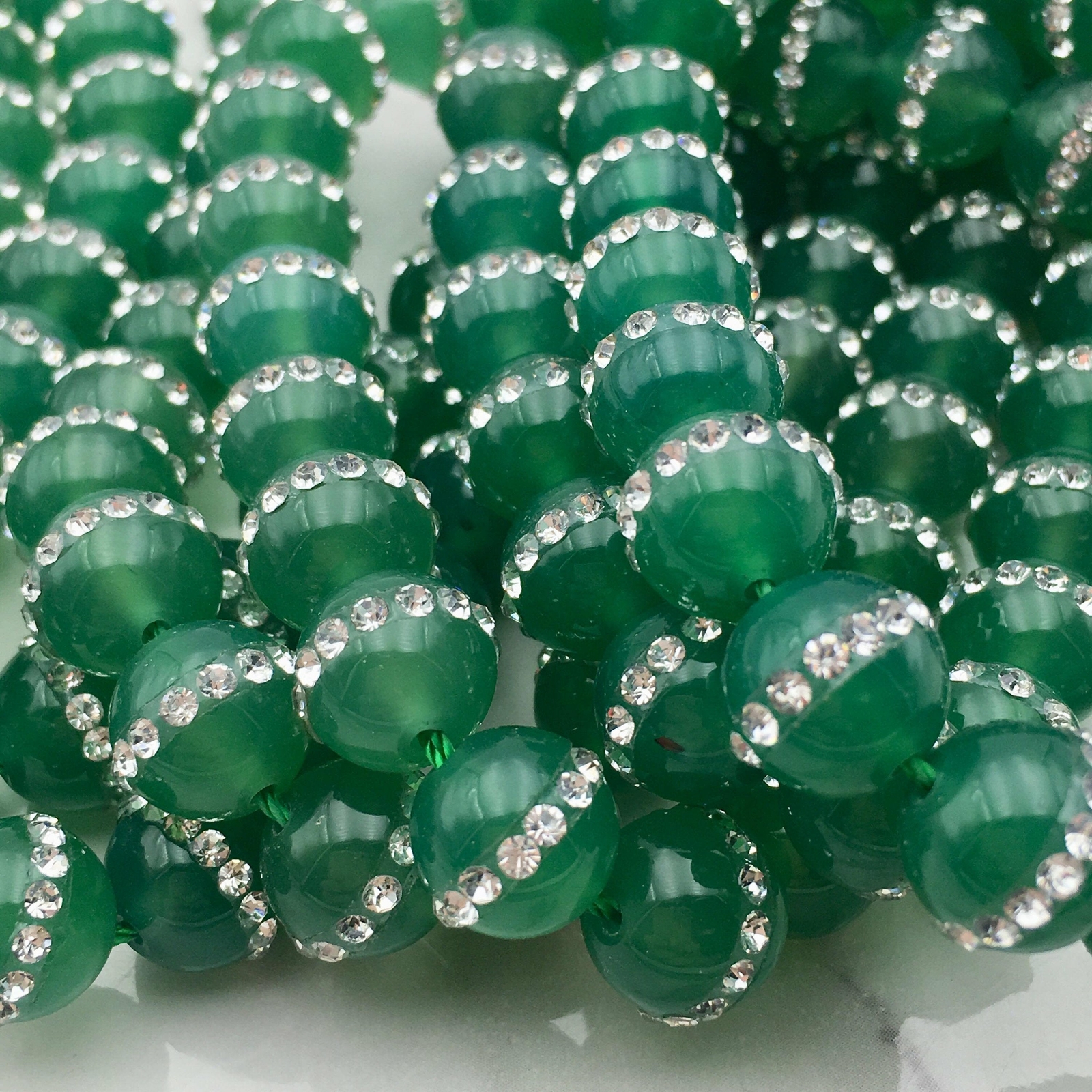 Green Agate /w Rhinestone Round Beads 6mm 8mm 10mm 15.5″ Strand