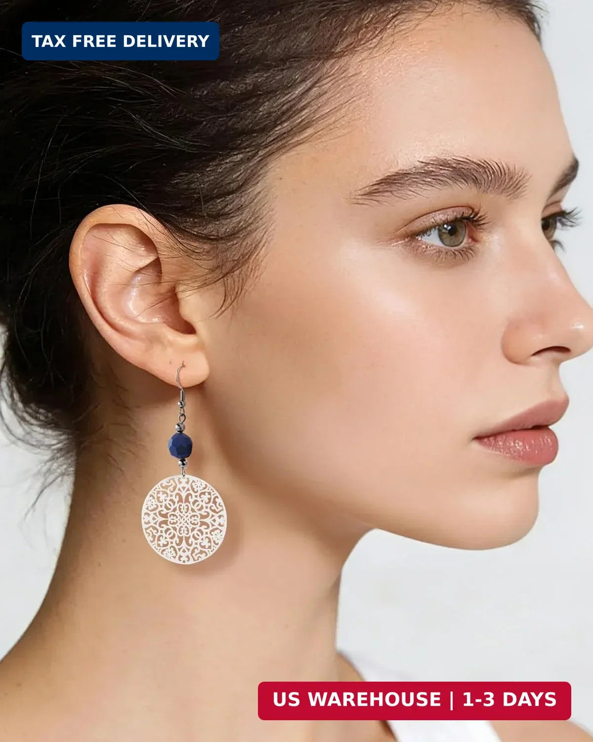 Silver Blue Bead Boho Filigree Dangle Vintage Handmade Round Disc Drop Earrings