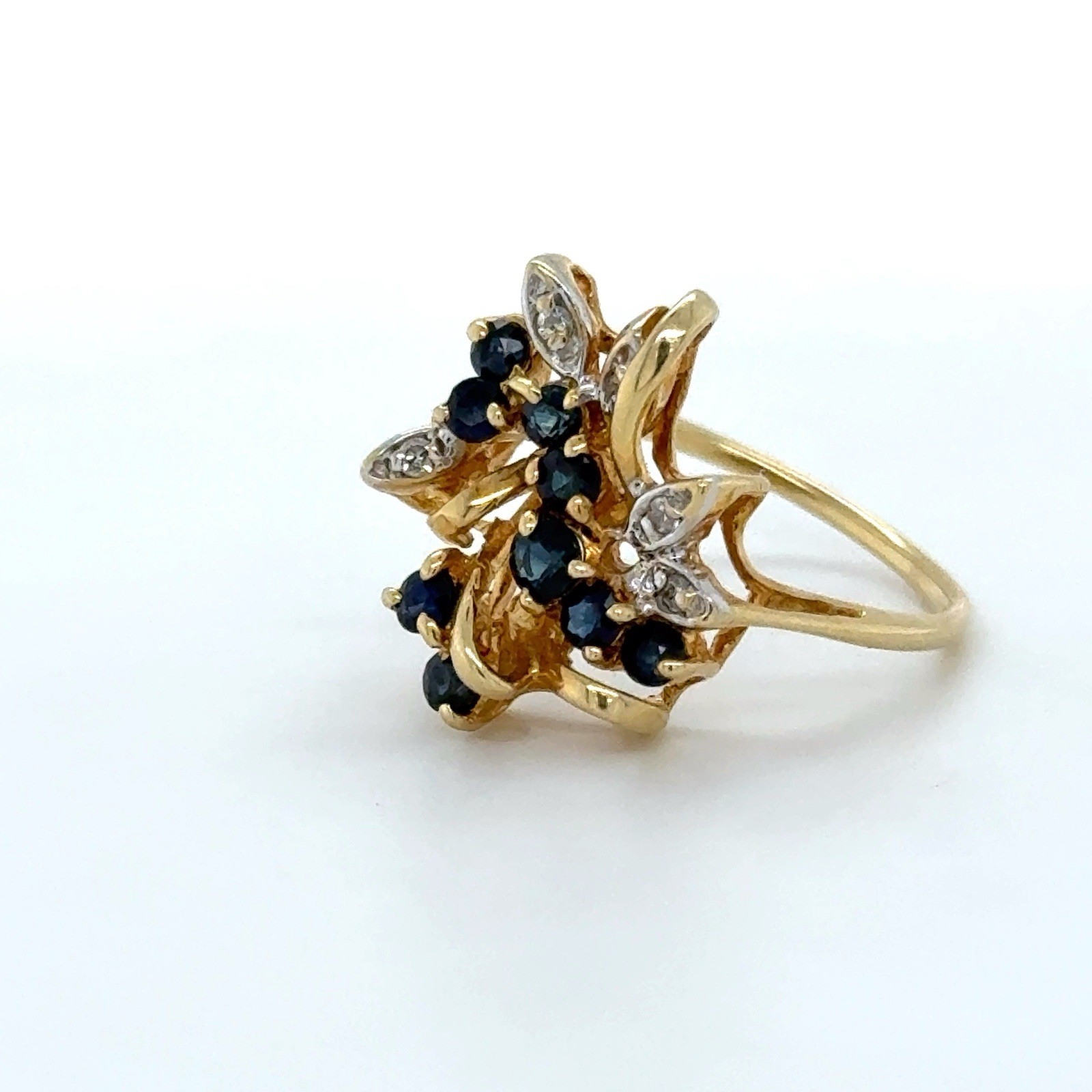 14k Yellow Gold Cocktail Cluster Ring Blue Sapphire/Diamond Floral Prong Sz 7.5