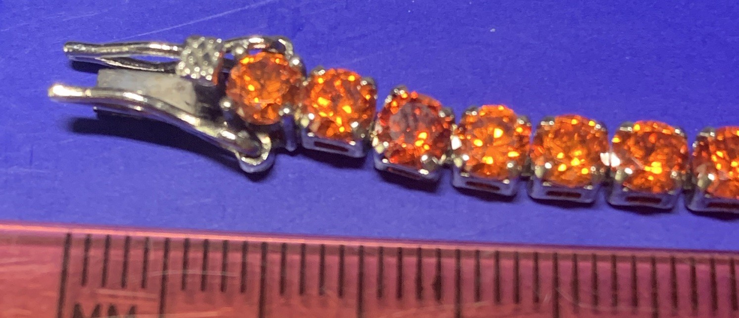 Silver Tone Orange Round Stone Tennis Bracelet 7.5in Box Clasp