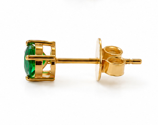 Yellow Gold Lab-Grown Green Emerald Solitaire Stud Earrings Round Cut Gemstone