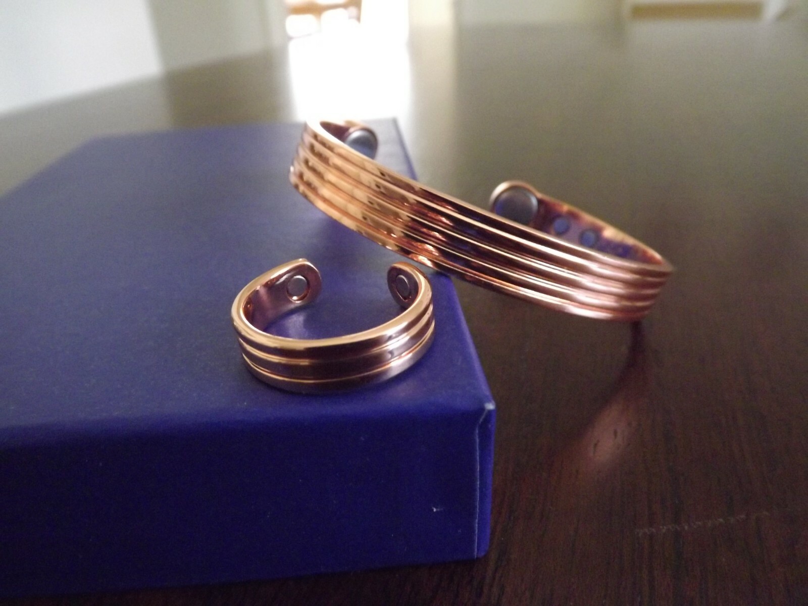 Pure Copper Magnetic Bracelet Arthritis Pain Therapy Adjustable Cuff & Ring Set