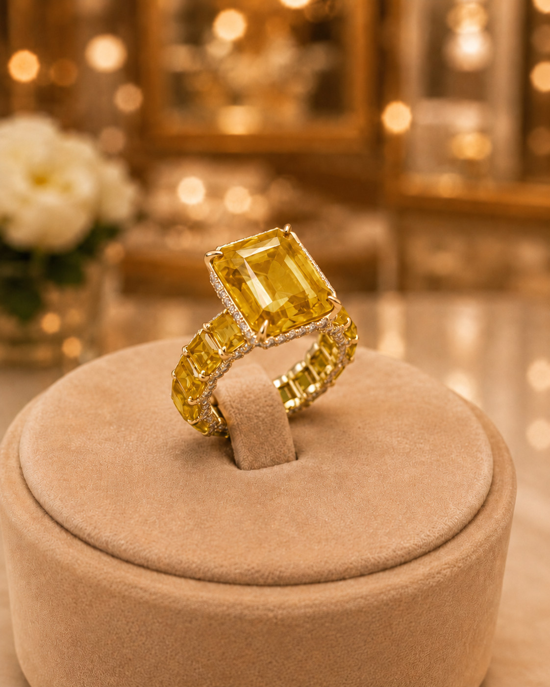 Natural Yellow Sapphire & Diamond Wedding Gift Ring 14k White Gold (Import Free)