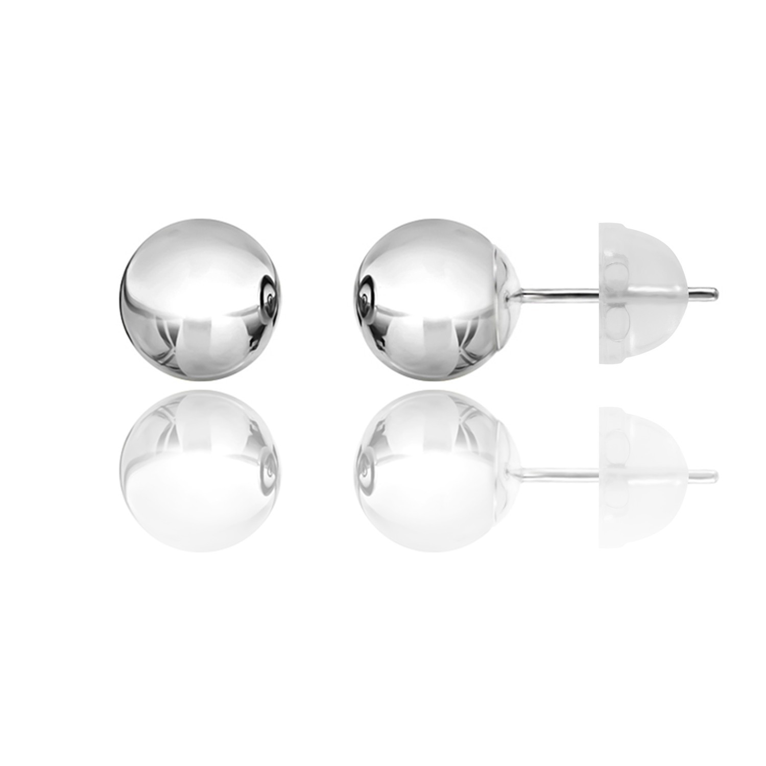 14KT White Gold Ball Stud Earrings 2mm–10mm Silicone Push Back