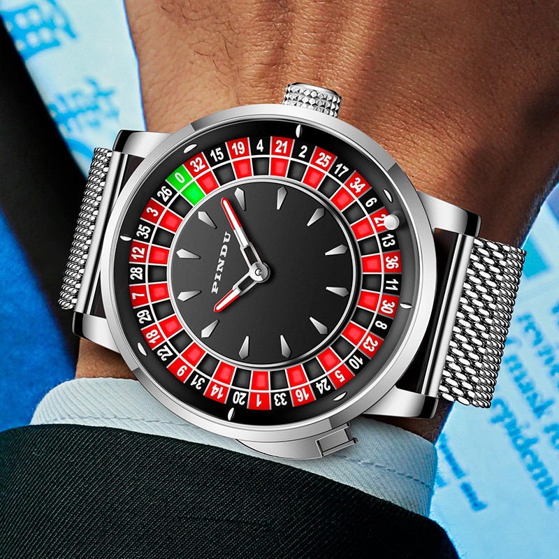 PINDU Men’s mechanical SILVER roulette button waterproof watch luxury fashion