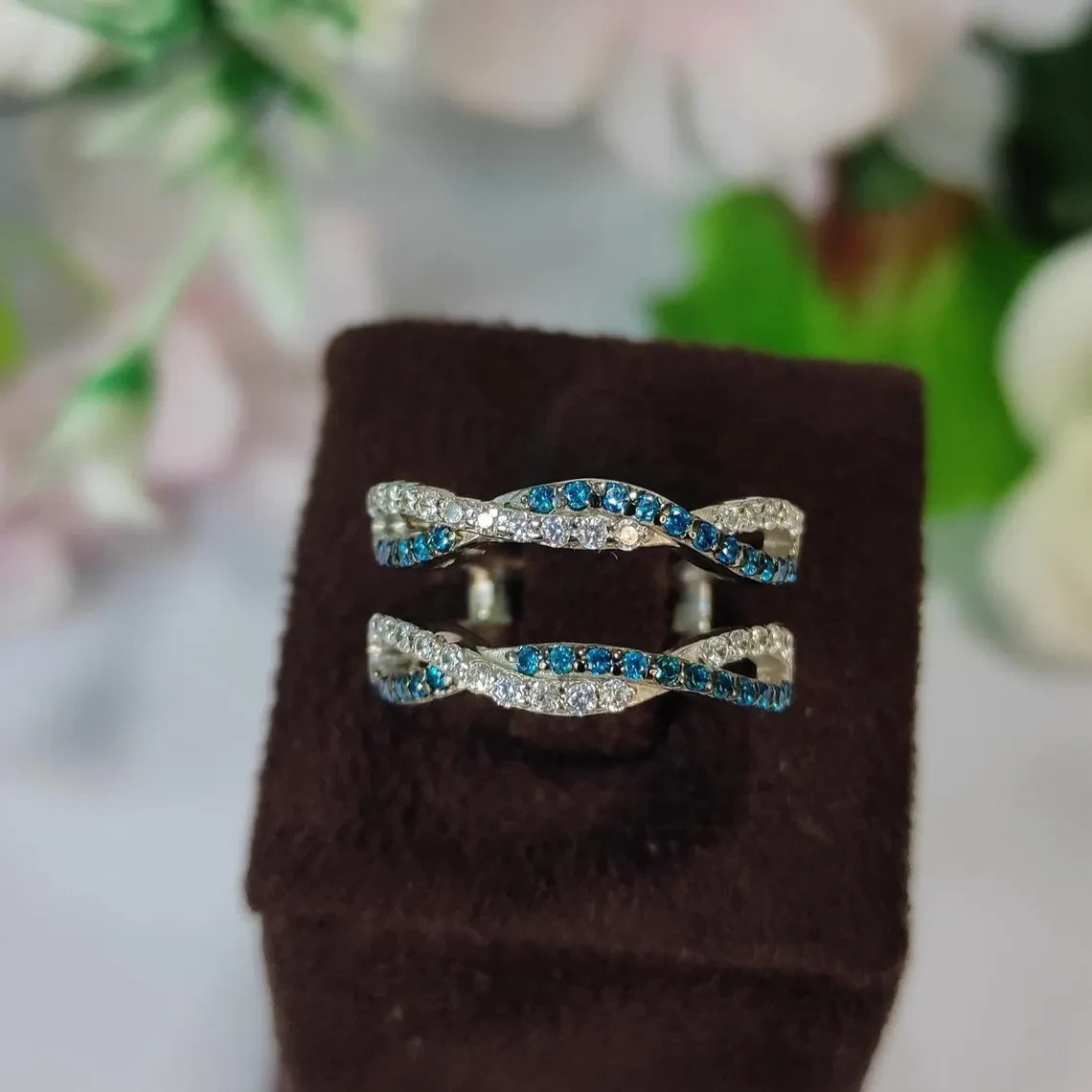 1.30 Ct Moissanite & Blue Diamond Enhancer Guard Band Ring 14K White Gold Plated