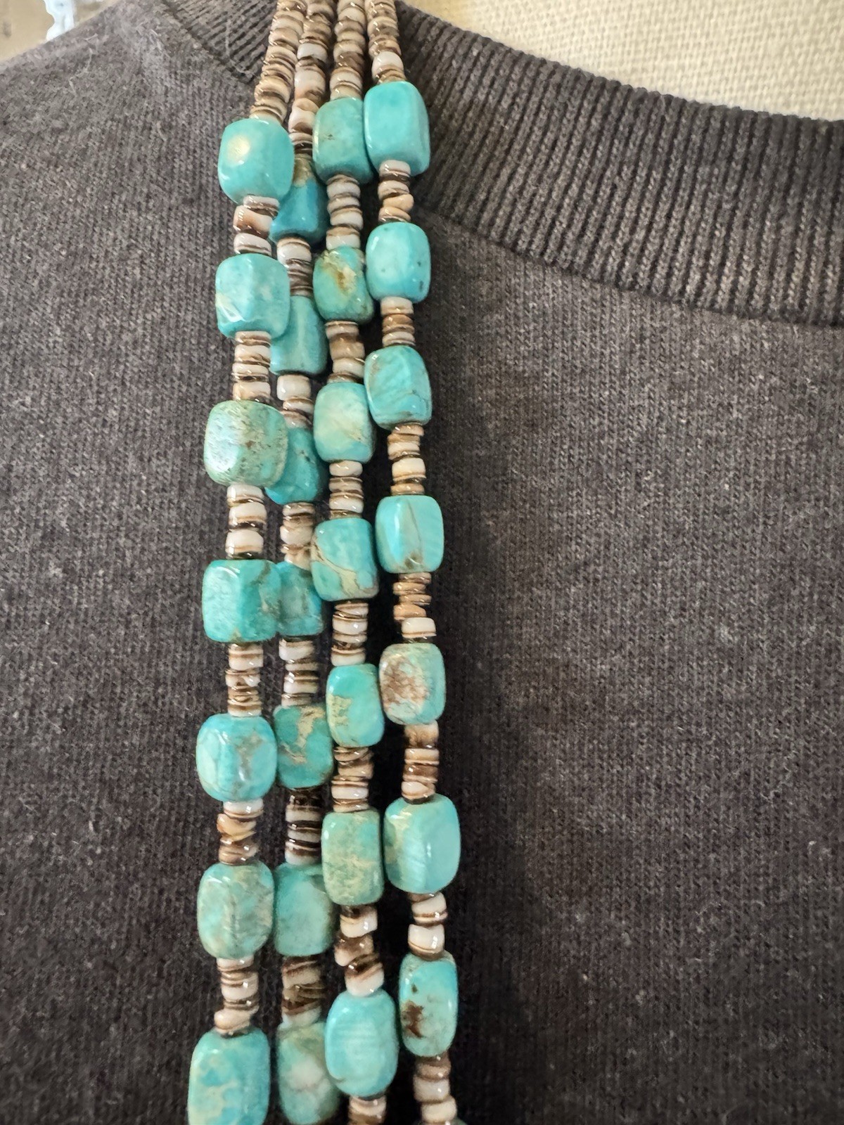 4 Strand Turquoise Nugget & Heishi Shell Necklace Blue Green Southwest 36”