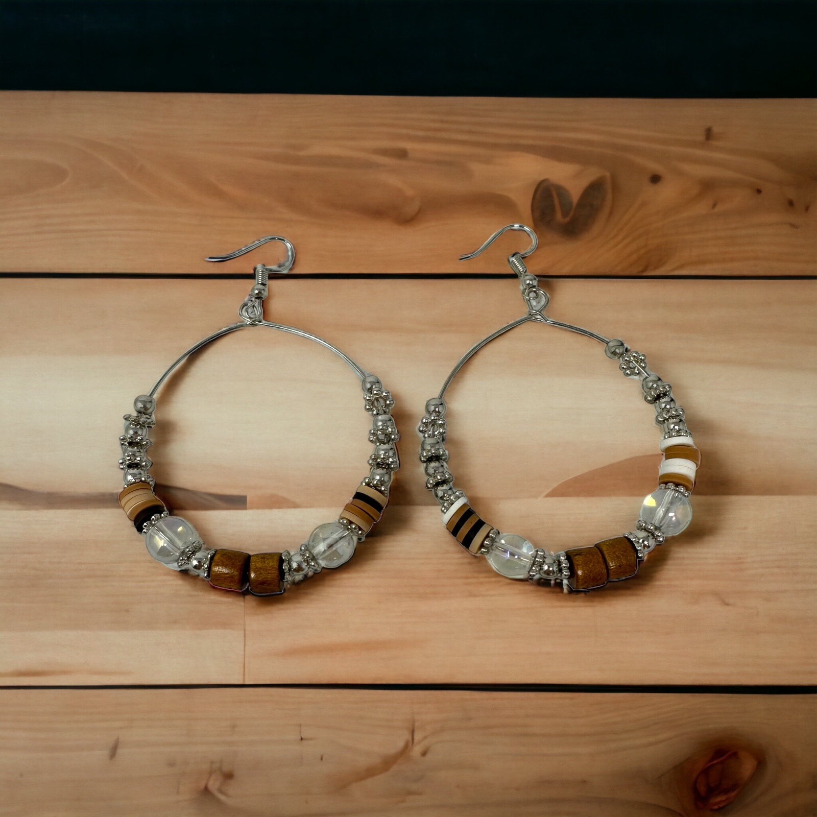 Silver tone boho hoop earrings handmade with wire and beads bohemian earrings