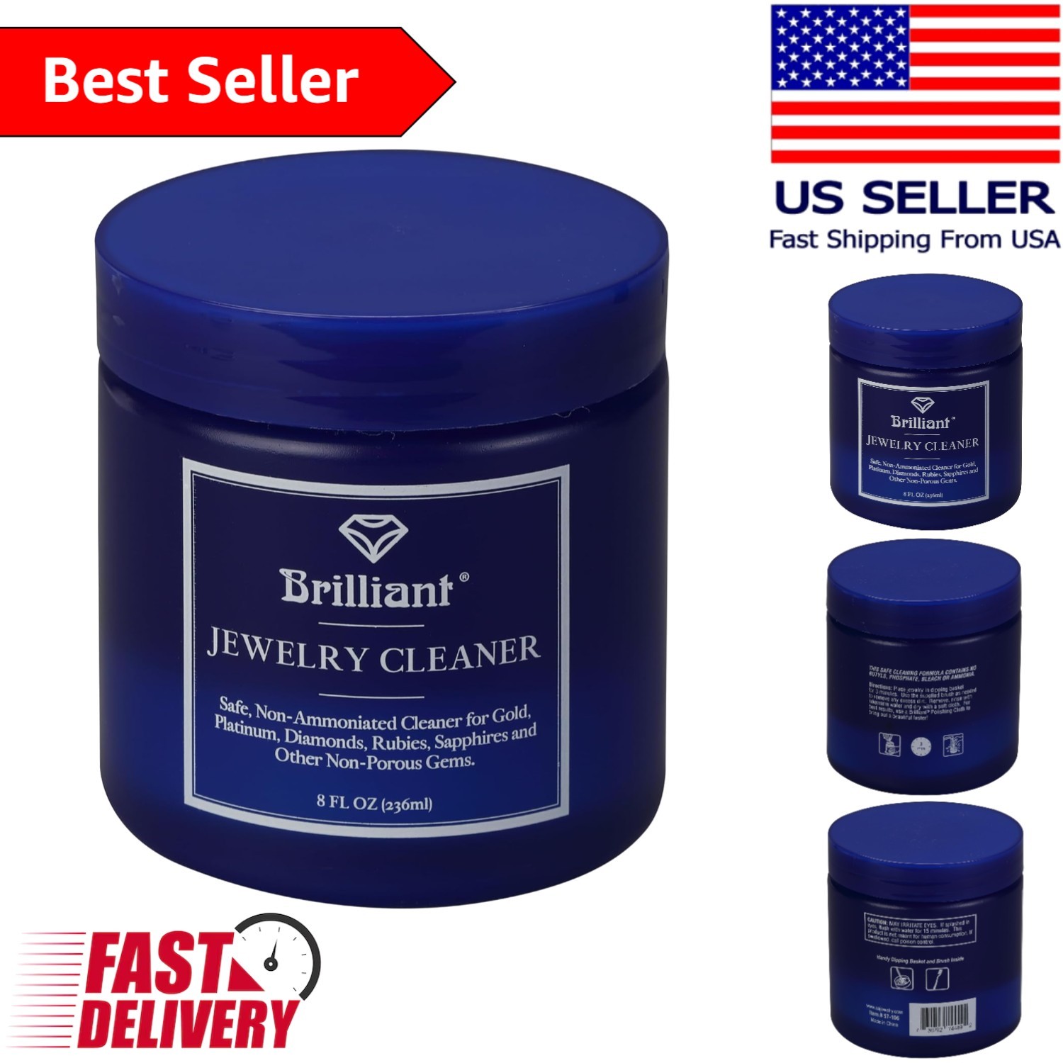 Non-Toxic Ammonia-Free Jewelry Cleaner – 8oz Liquid with Brush & Soaking Basket