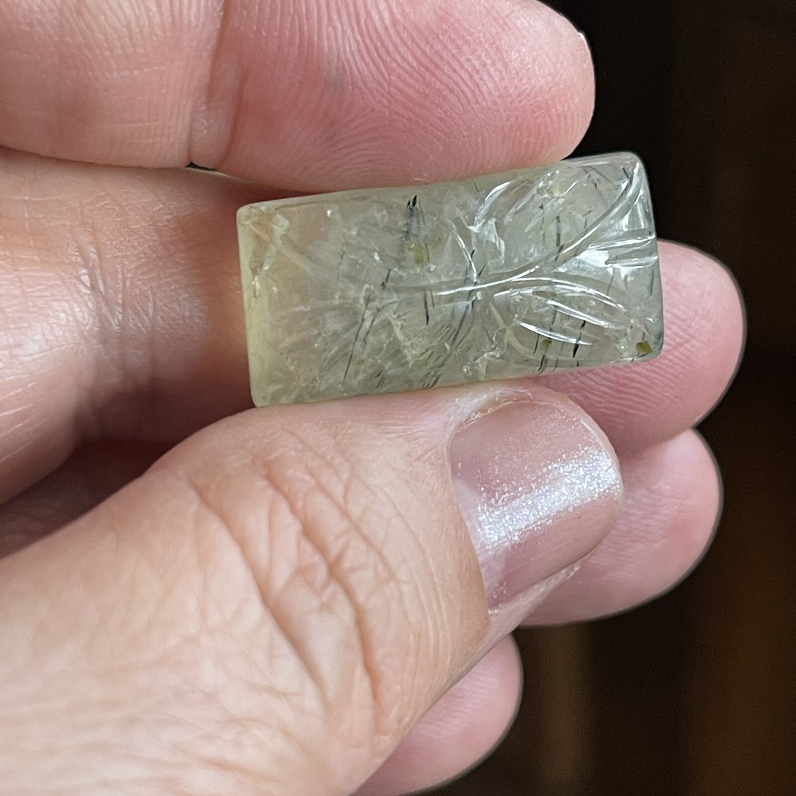26.3×13.2×7.6mm Carved Rectangle Pale Green Prehnite Cabochon Loose Stone