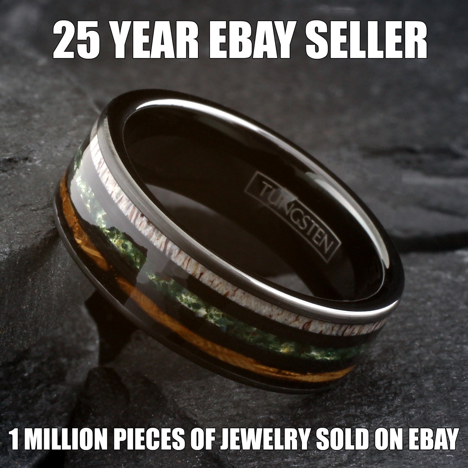 Black Tungsten Carbide Moss Agate Deer Antler Whiskey Barrel Band Ring