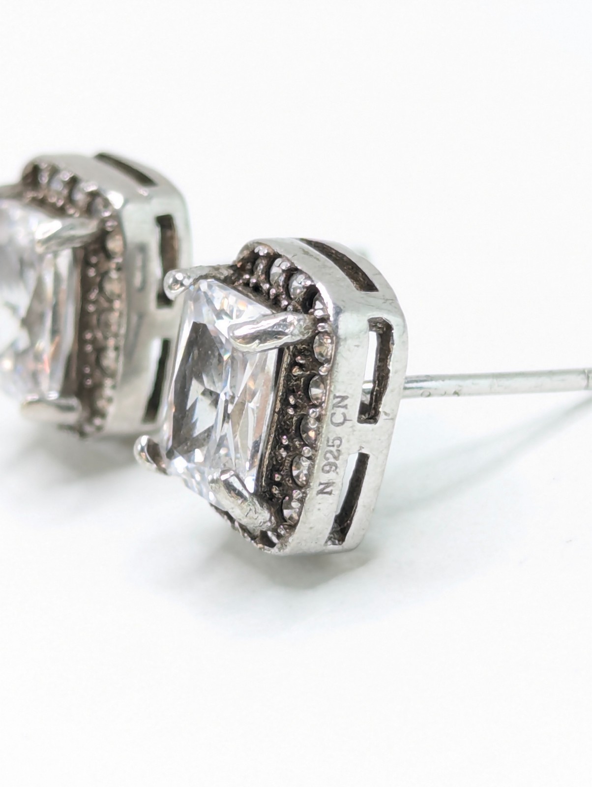 Sterling Silver 925 Halo Stud Earrings Rectangular Clear CZ Push Back 2.8g