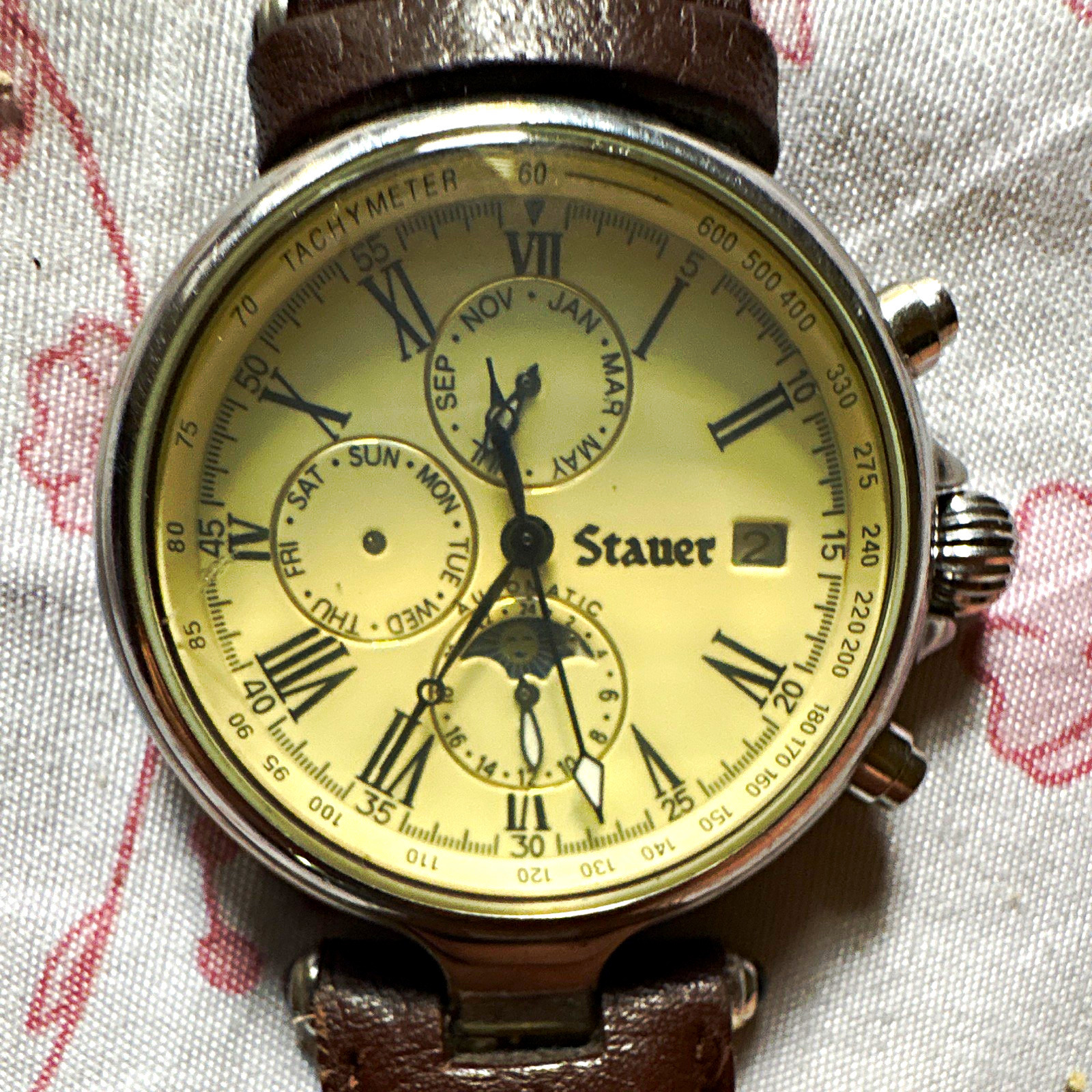 Stauer Men’s Quartz 11224 ST01SBY Cream Roman Dial Worn Brown Leather Strap