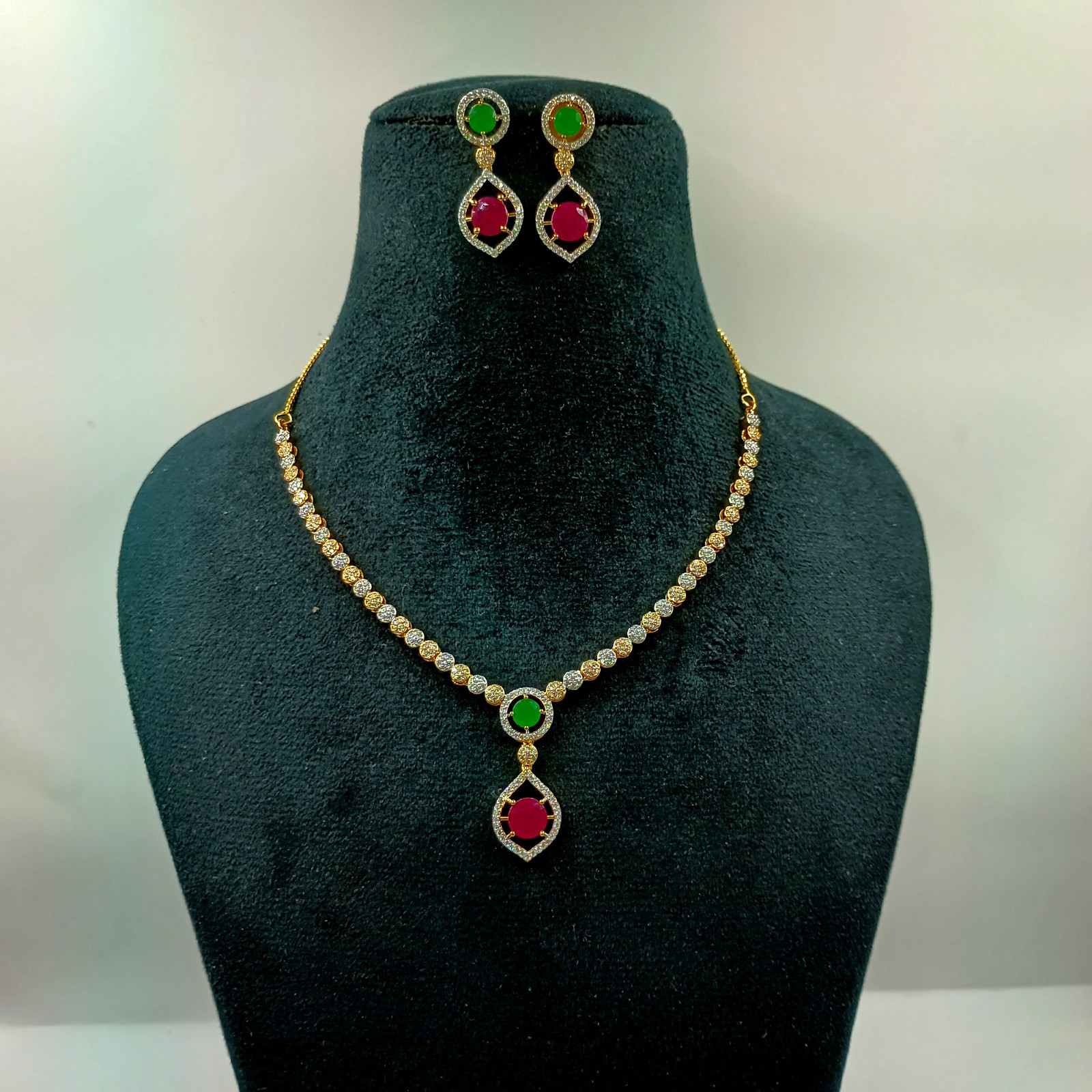 Round Stone Ruby Emerald Necklace Set 22k Gold Plated South Indian Jewelry