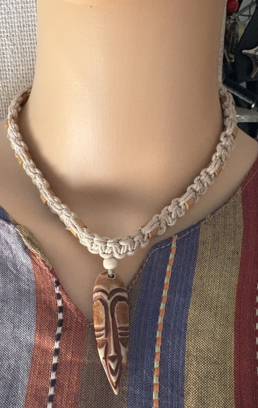 Wood Asymmetrical Charm Pendant Hemp Cord Choker Necklace Tribal Adjustable Tie