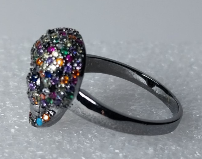 Gothic Skeleton Skull Ring Multi-Color Crystal Black Gunmetal Tone Finish Size 7