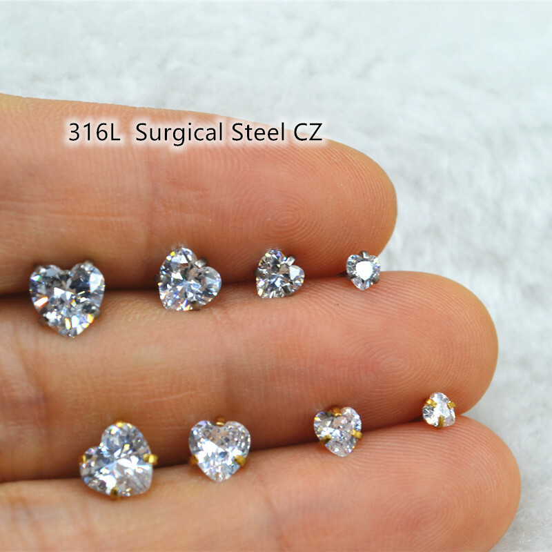 50pcs Heart CZ Earring Ear Studs Men/Women Ear Helix Tragus Body Piercing